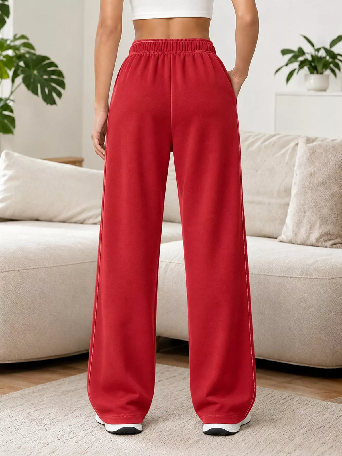 Red wide-leg pants with drawstring