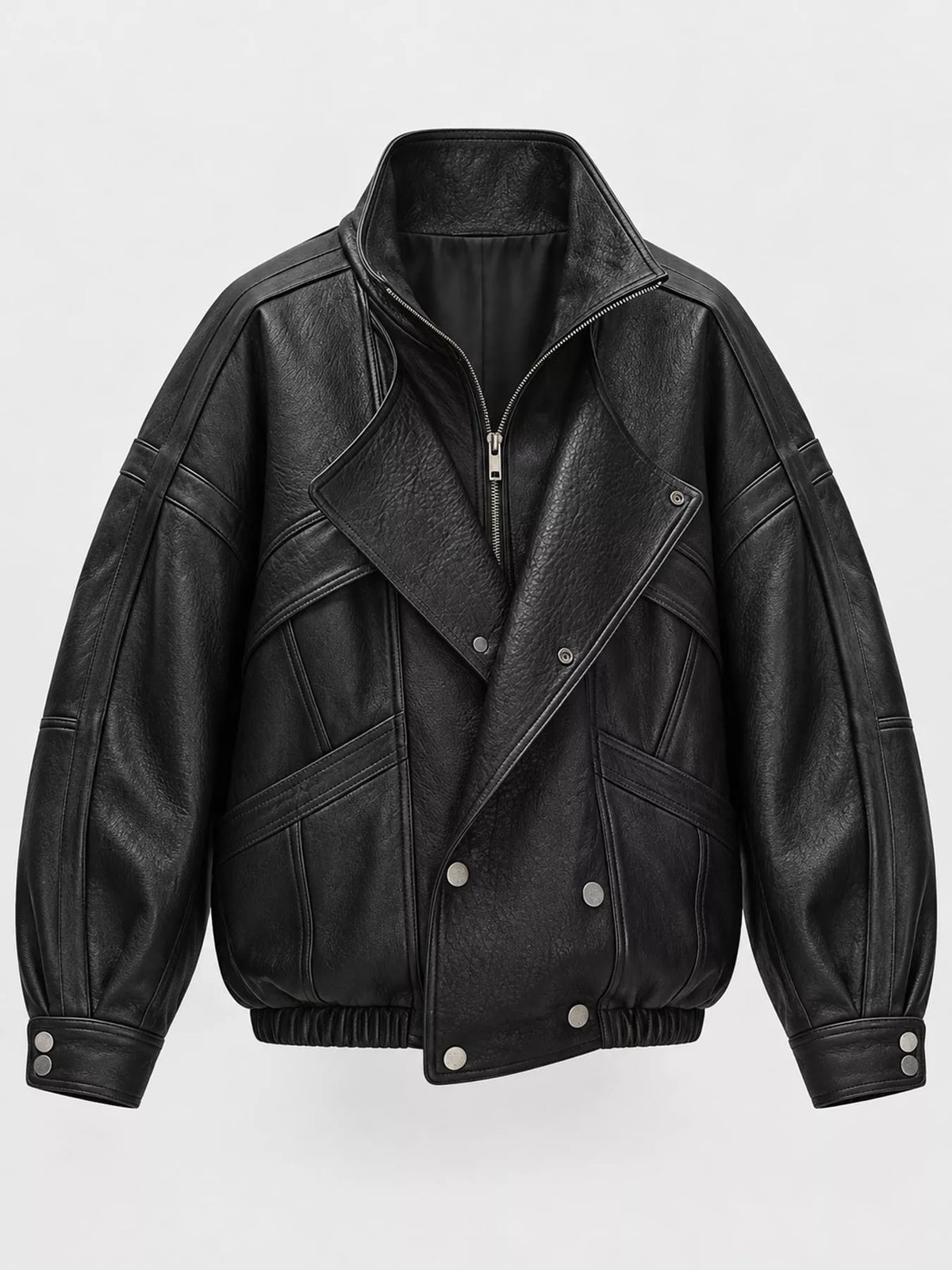 Snap Down Leather Jacket in black, front view