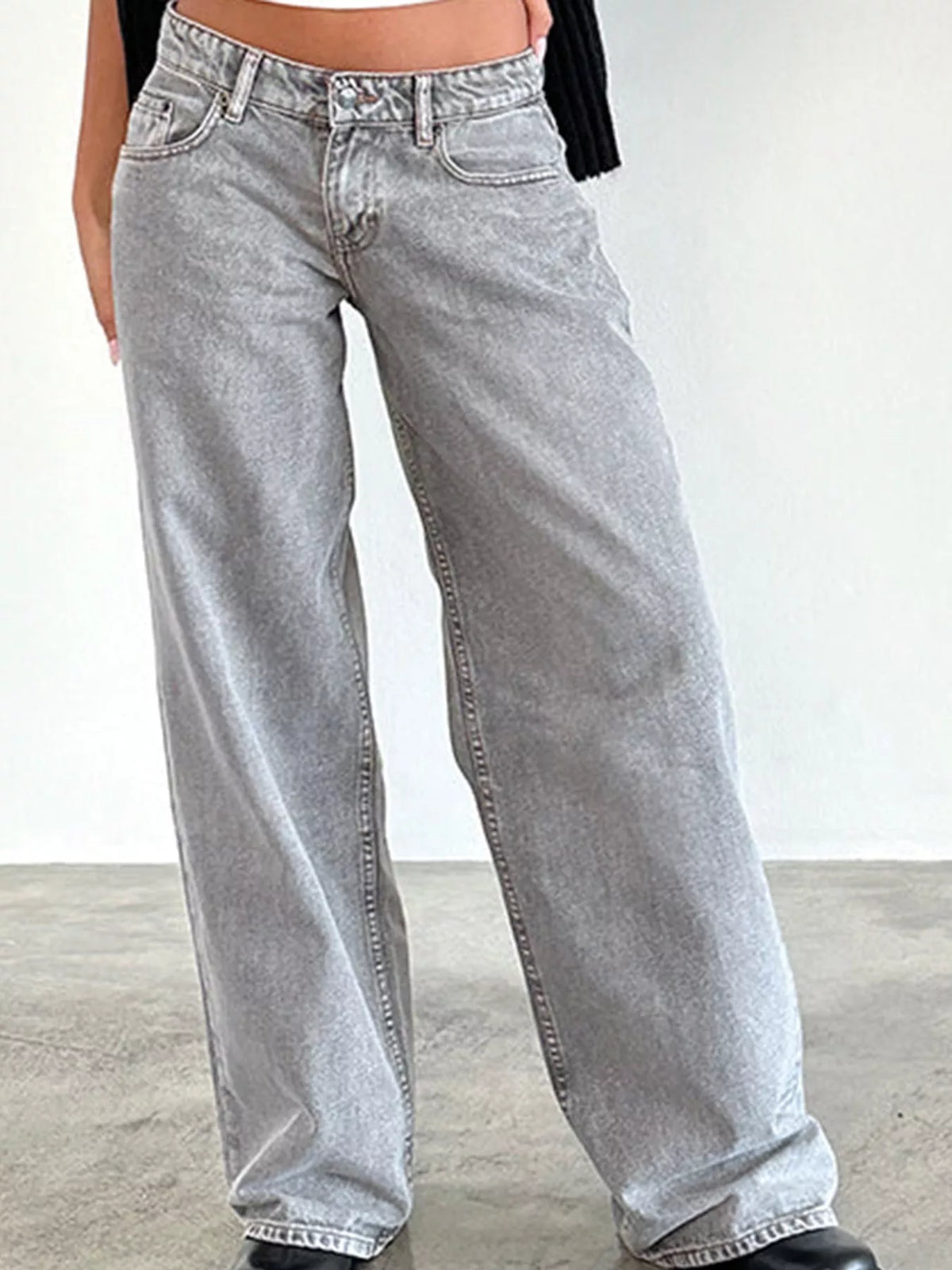 Wide-Leg Vintage Wash Jeans in light gray, front view