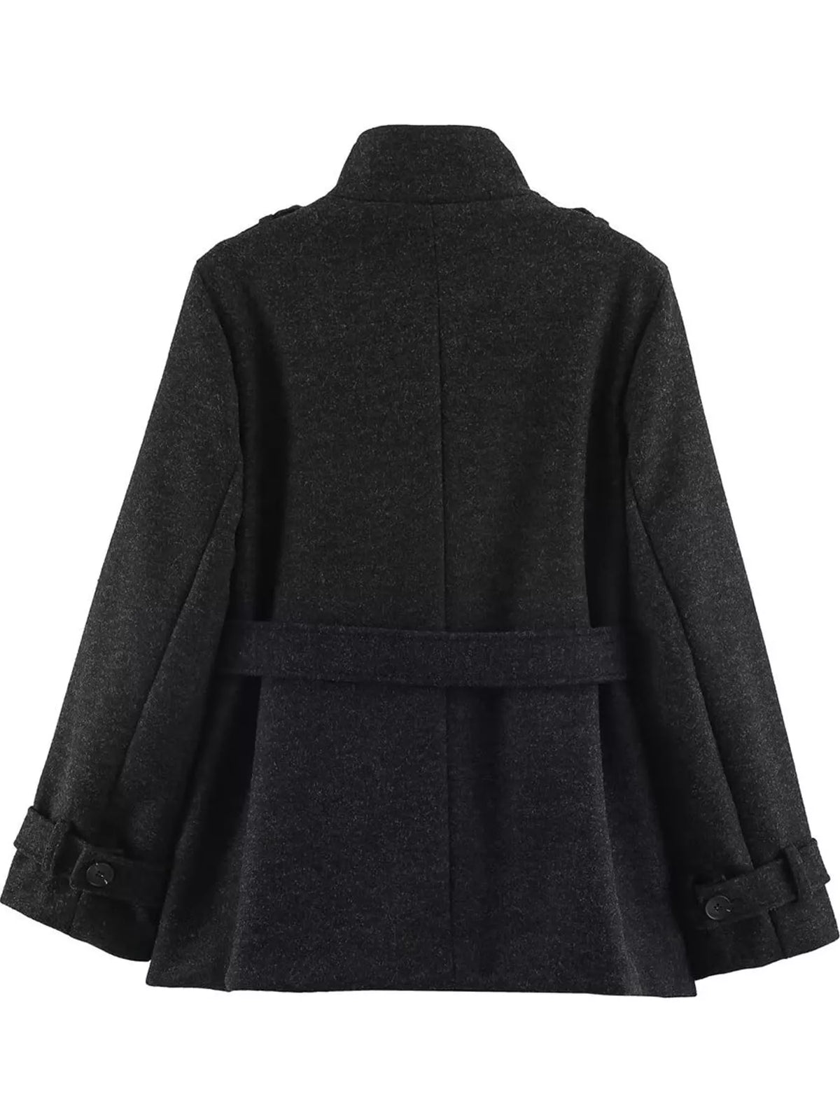 Stand-Collar Belted Button-Down Jacket — back view