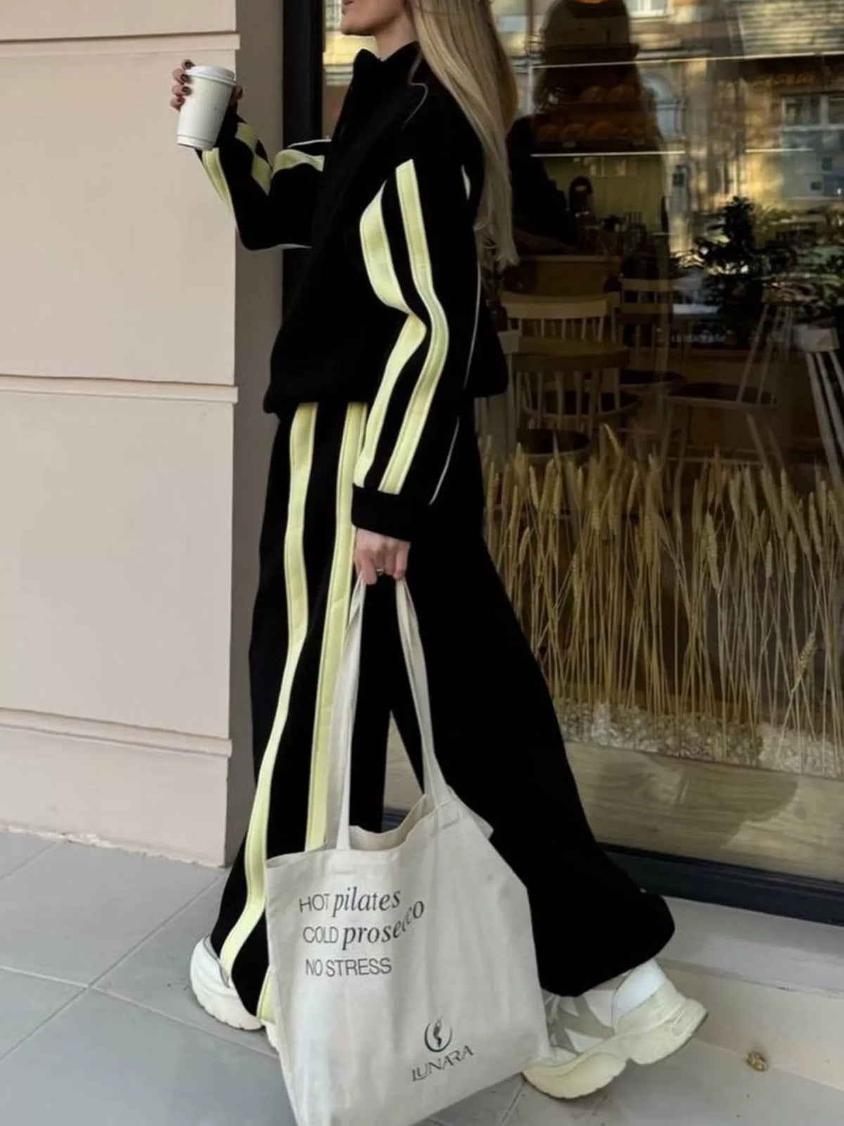 Trendsi Contrast Striped Zip Up Top and Pants Set -