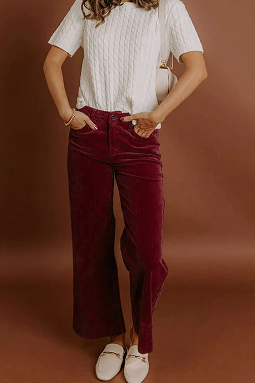 Trendsi Corduroy Solid Color High Waist Wide Leg Pants -