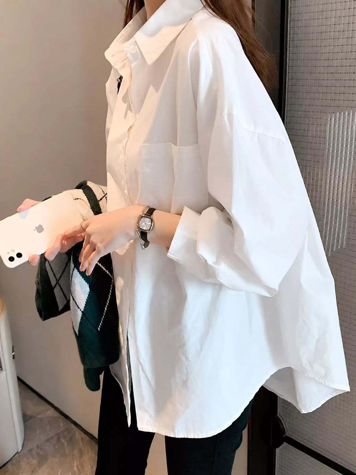 White - With Pocket button-down long sleeve shirt