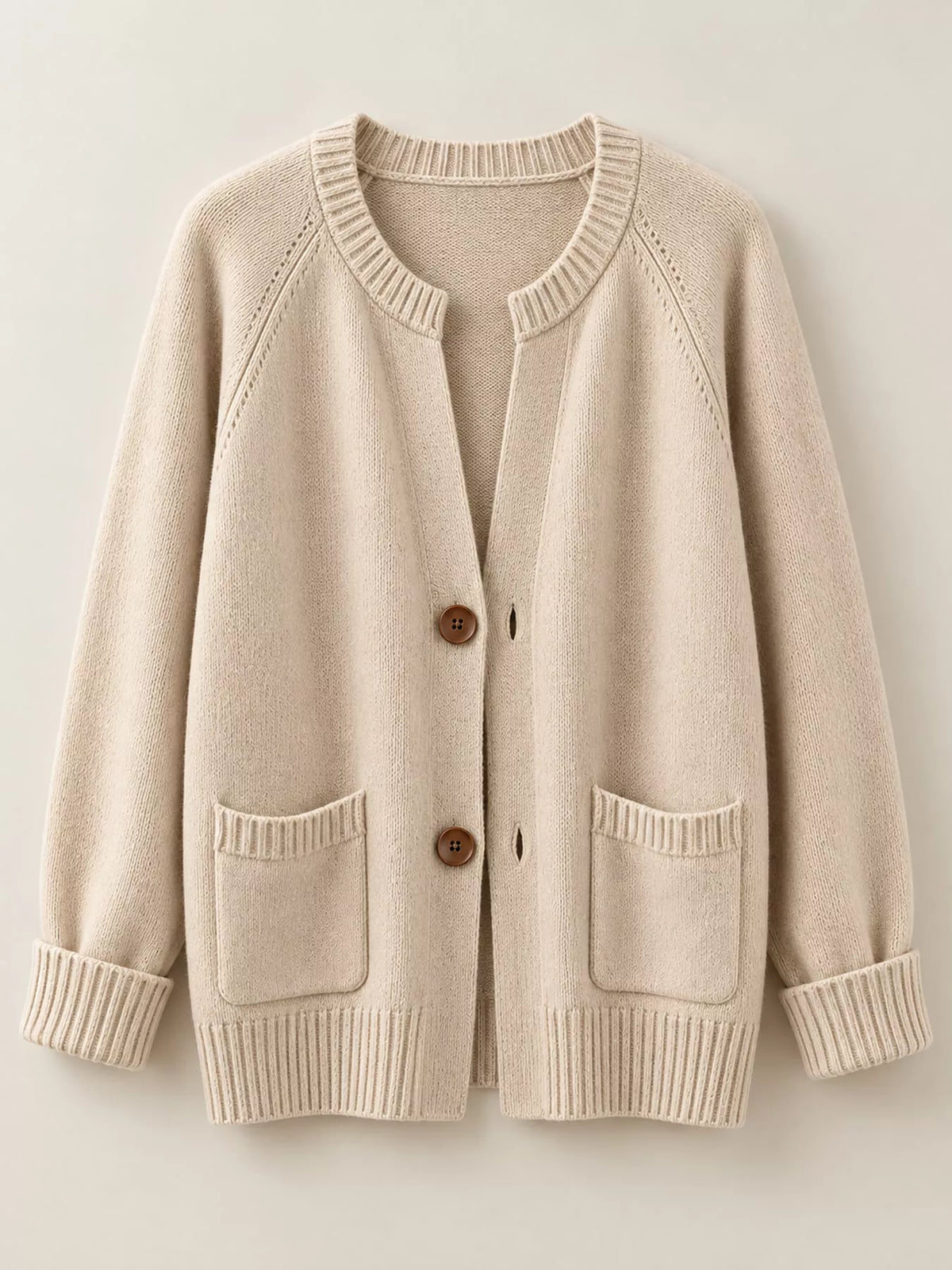 Women's Button-Down Knit Cardigan in beige — flat lay view