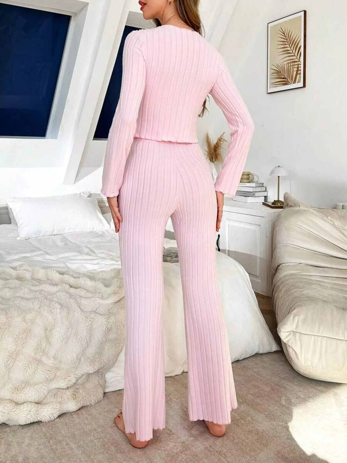 Trendsi Bow Detail Ribbed Knit Top and Pants Lounge Set -
