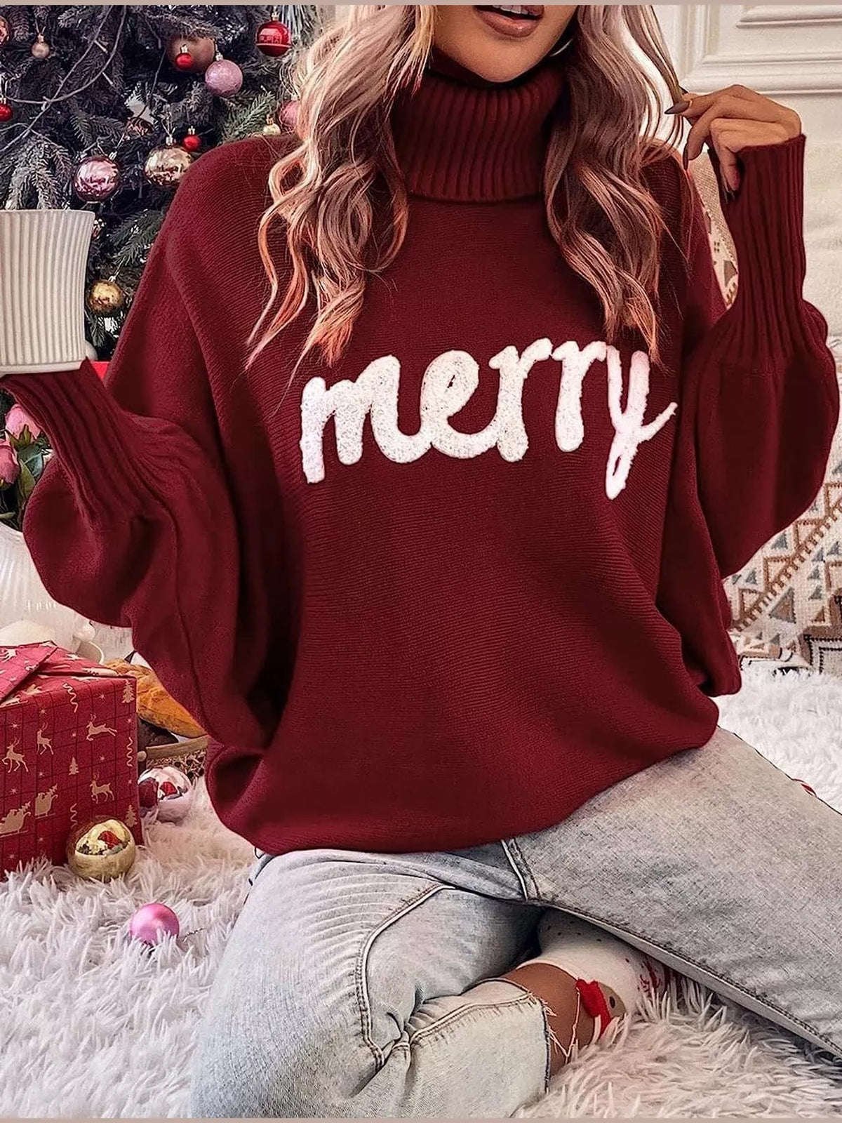 Burgundy lettering turtleneck sweater