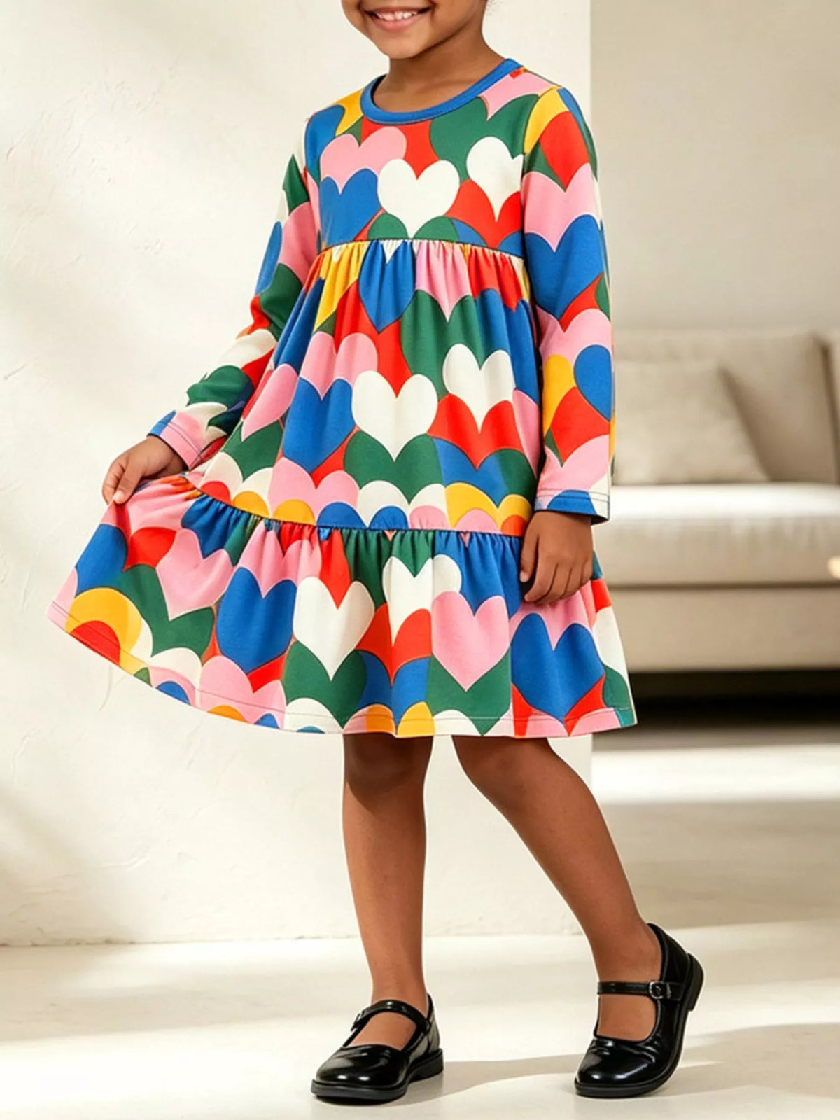 Multicolor children's heart print long sleeve tiered dress