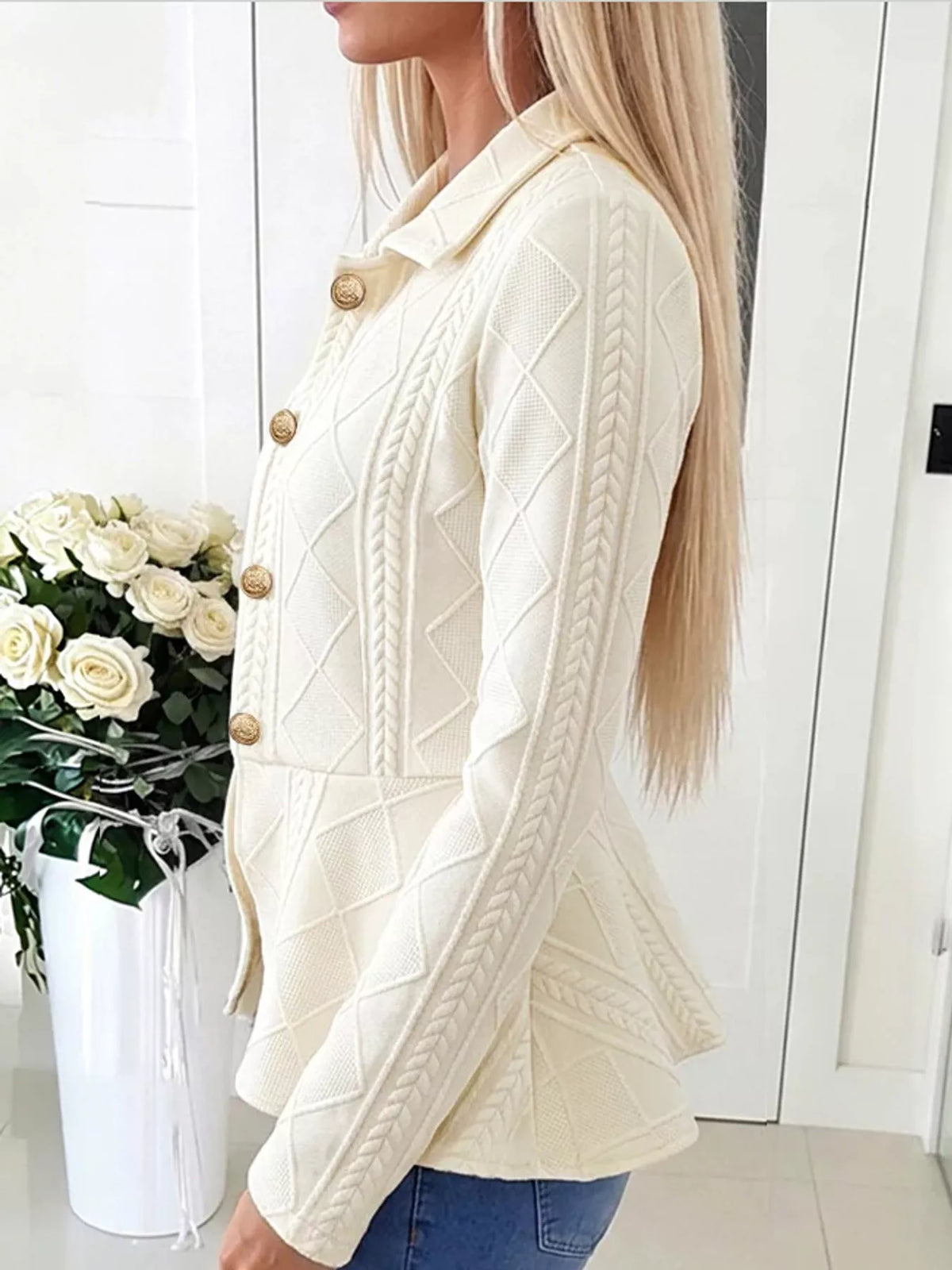 White cable-knit button-up cardigan — side view