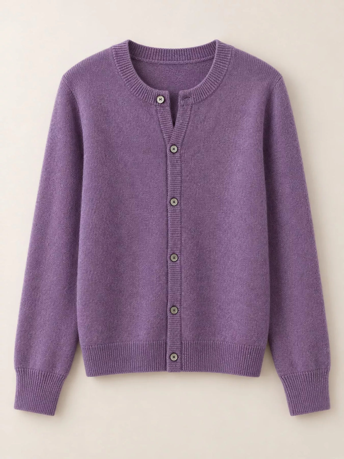 Women's Crew Neck Button-Down Knit Cardigan in purple — flat lay view