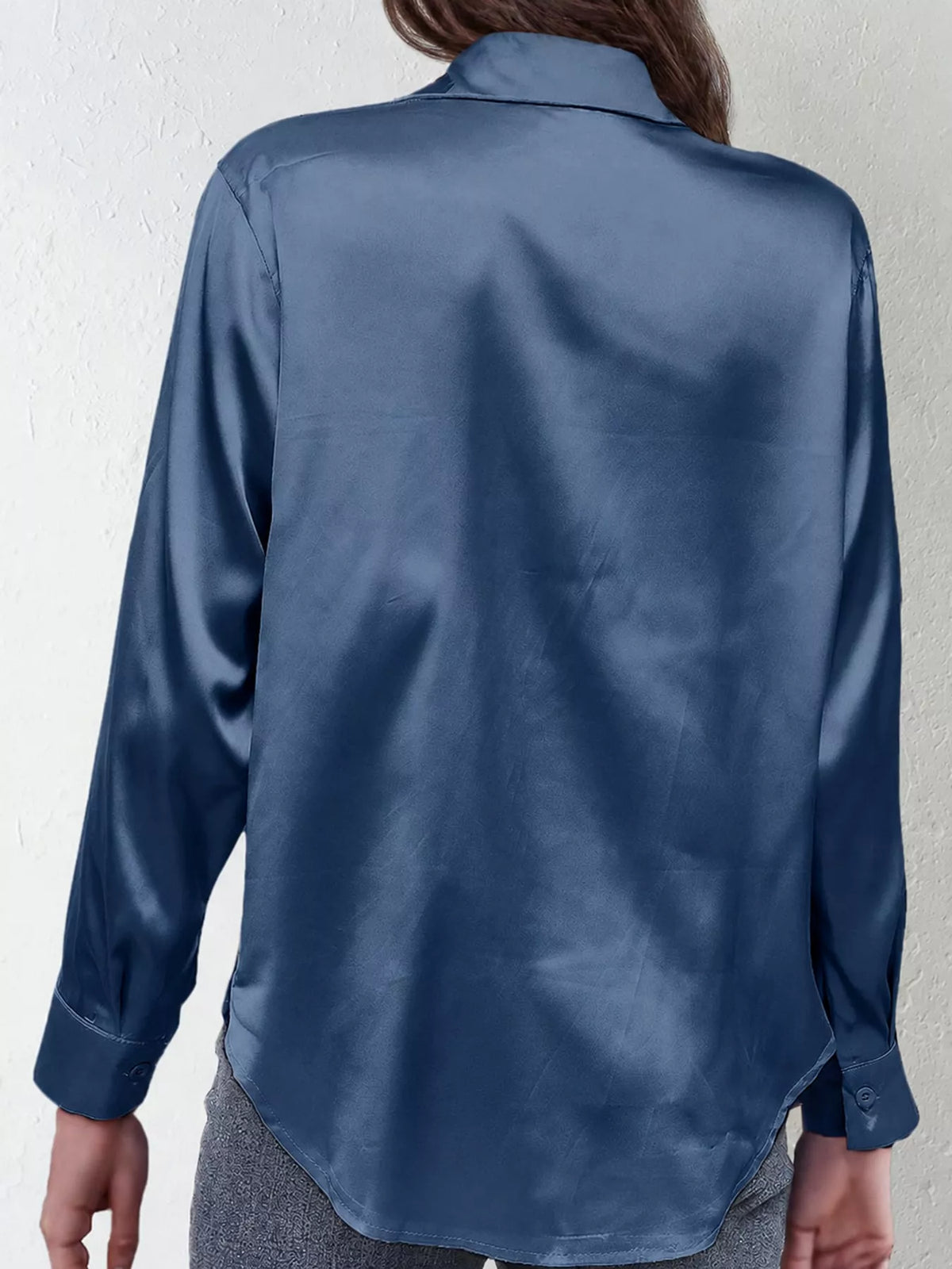 Navy satin button-down long sleeve shirt