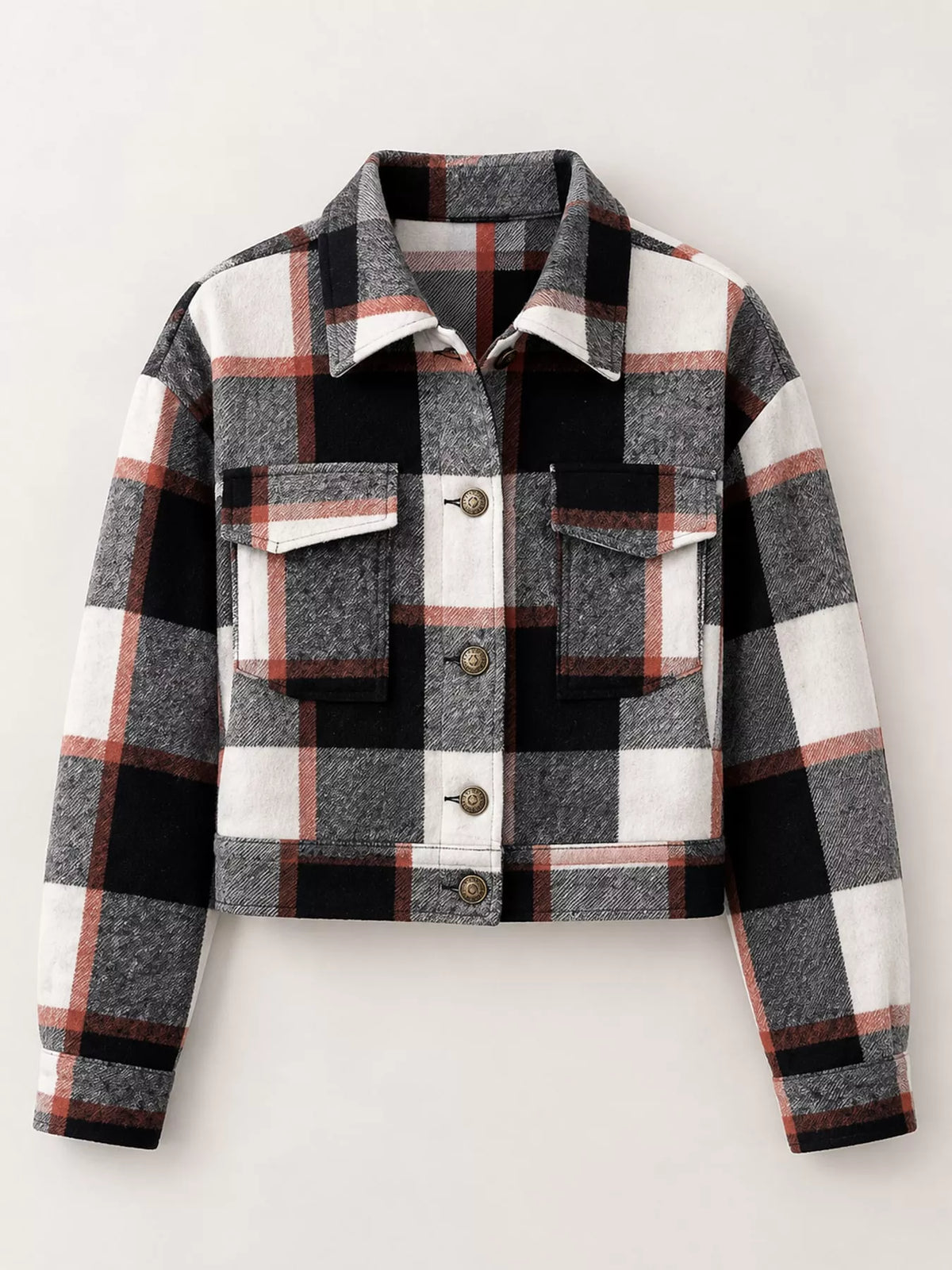 Black plaid button-up cropped jacket