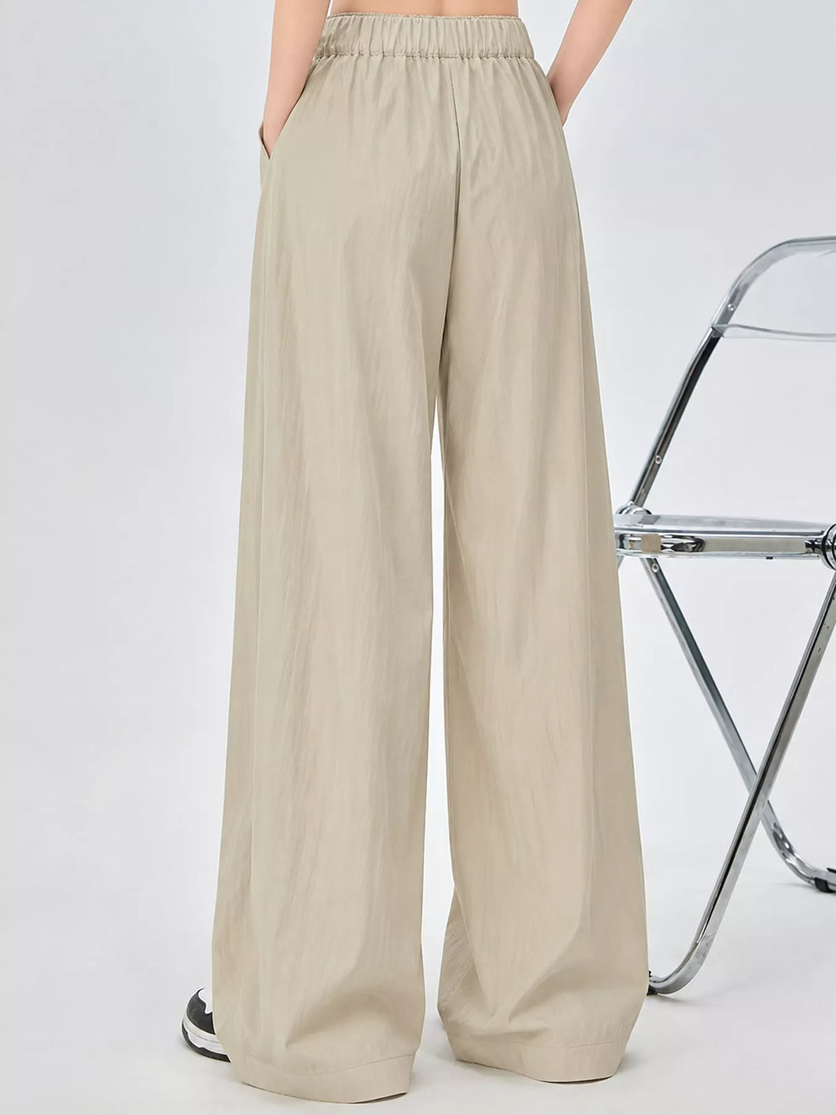 Women's High-Waisted Loose Fit Wide-Leg Casual Pants in beige — back view