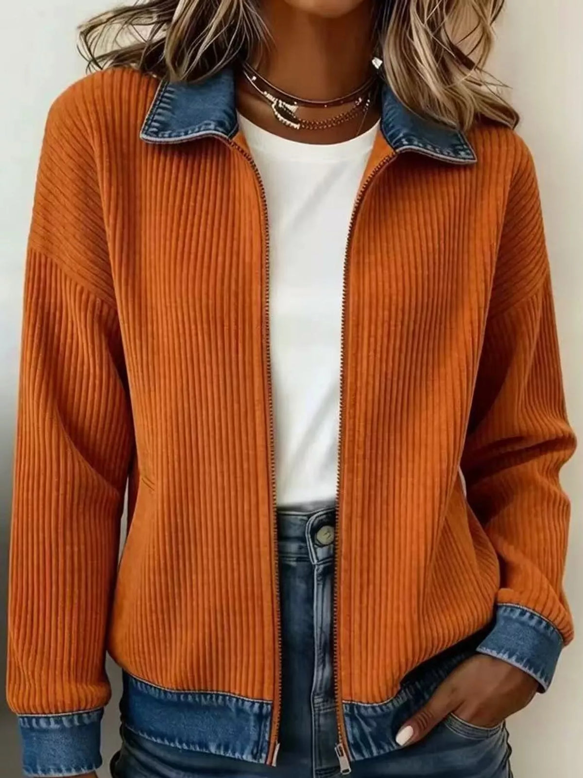 Orange denim-collar ribbed knit zip-up jacket — front view