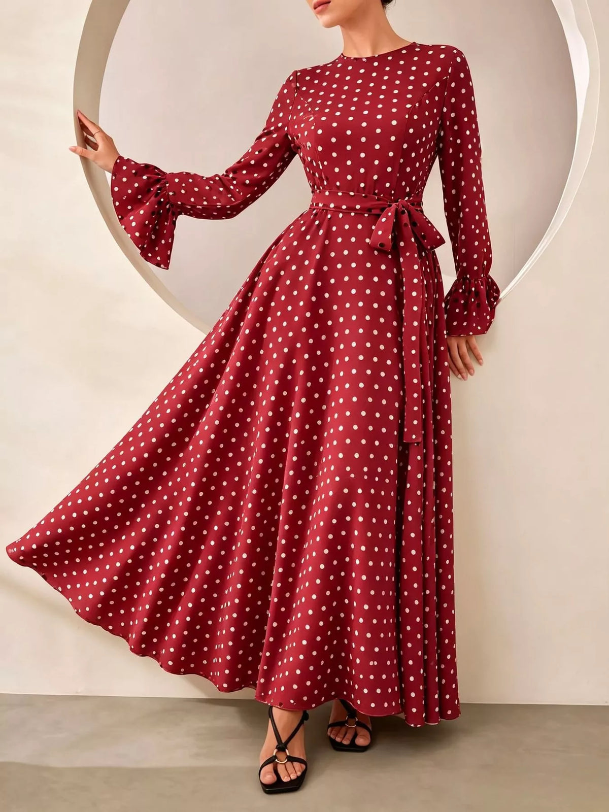 Polka Dot Long Sleeve Maxi Dress with Waist Tie in red and white
