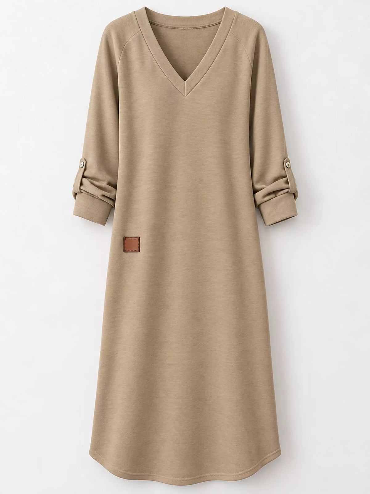 Women's V-Neck Long Sleeve Midi Dress in beige — flat lay view