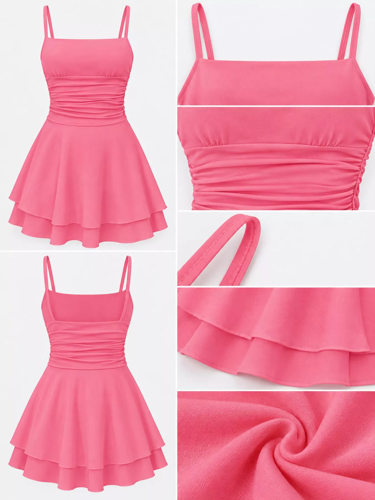 Pink ruched spaghetti strap layered mini dress, front, back and detail collage