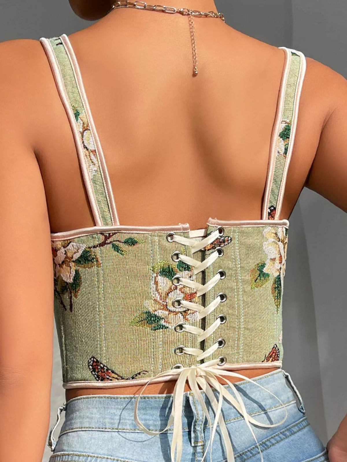 Green floral lace-up back tank, back view