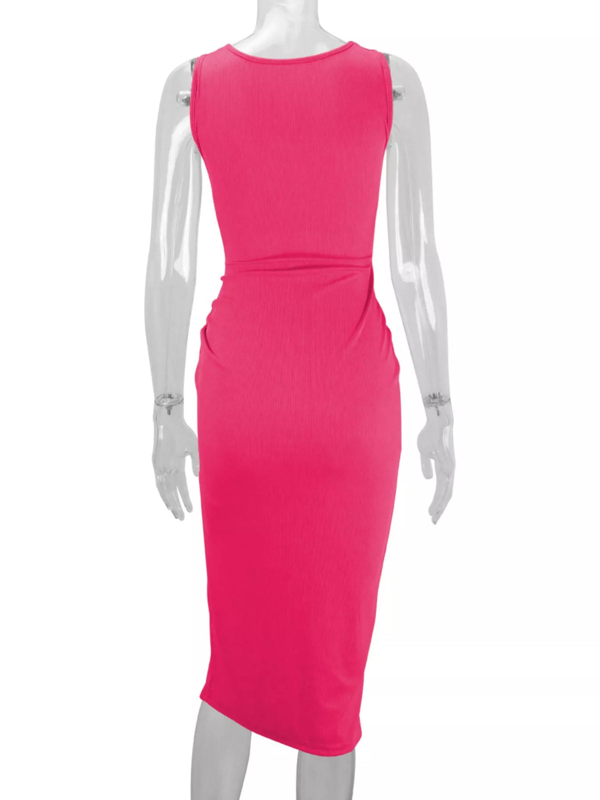 Women's Sleeveless Cut-Out Ruched High-Slit Bodycon Dress in pink — mannequin back view