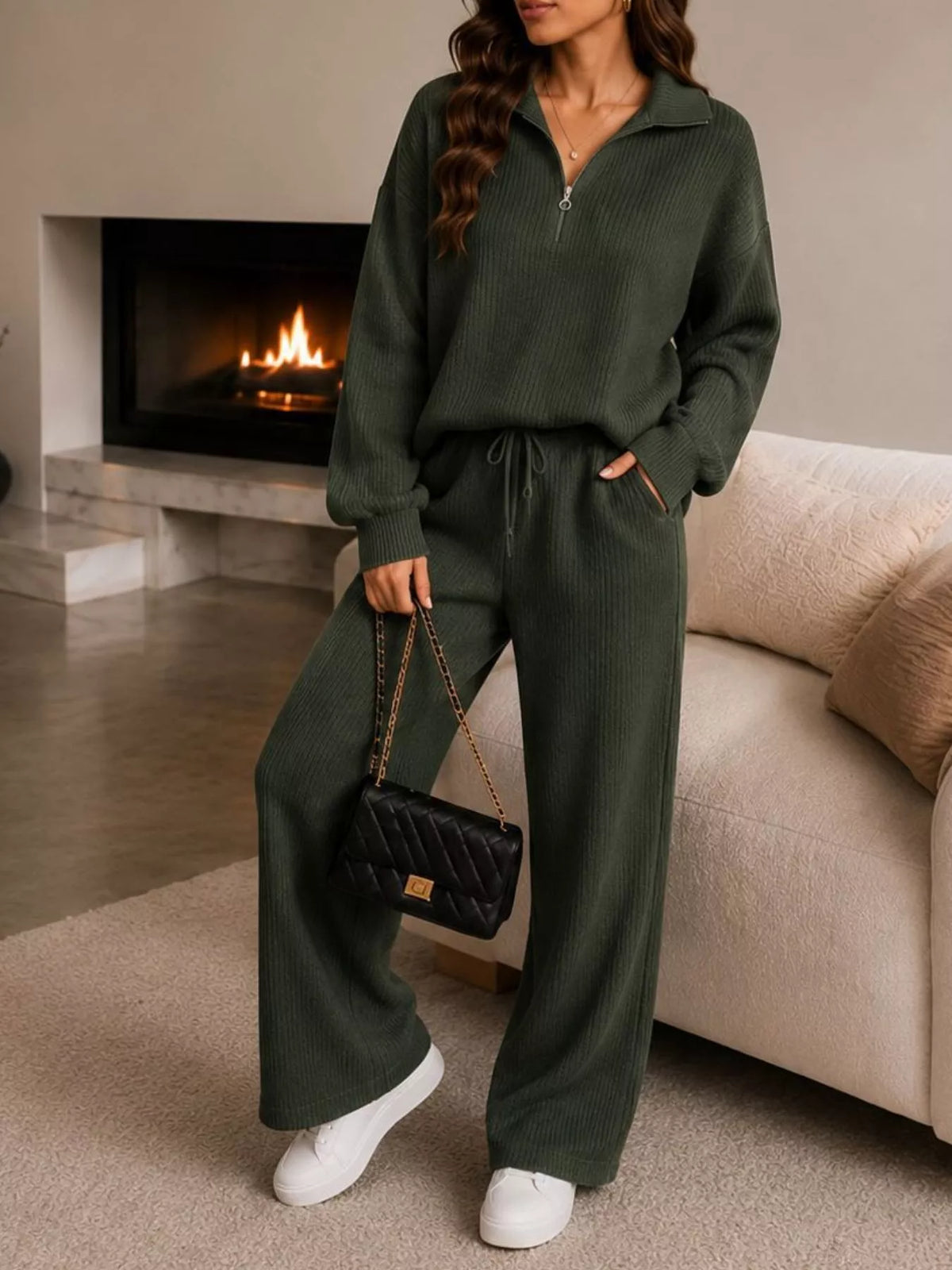 Green quarter-zip knit top and pants set, full front view