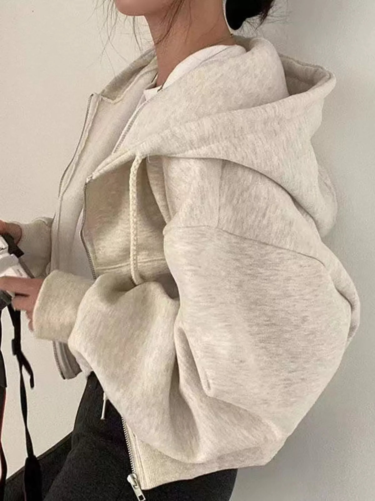 Heather Gray oversized zip-up cropped hoodie