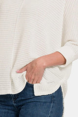 Trendsi Zenana Full Size Round Neck High-Low Slit Knit Top - Shirts