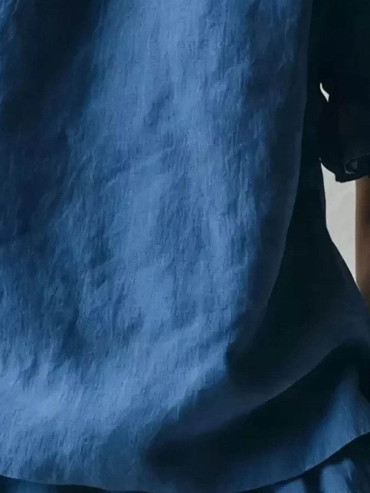 Navy Blue Ruffle-Neck Short Sleeve Blouse, hem detail