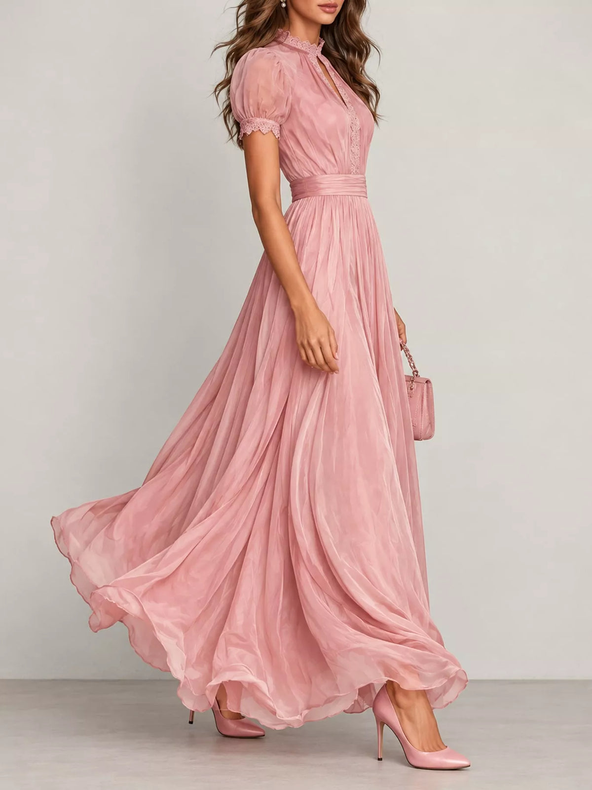 Lace Puff Sleeve Maxi Dress in pink, side view