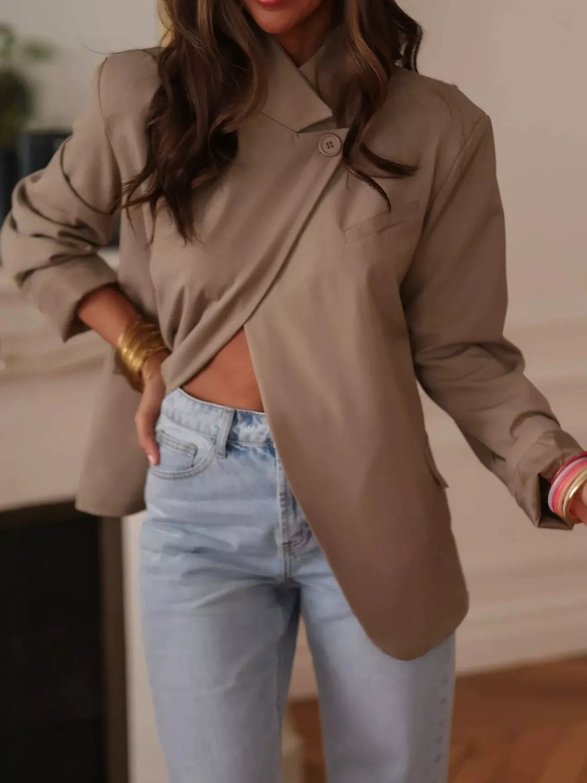 Asymmetric Button-Front Blazer in khaki