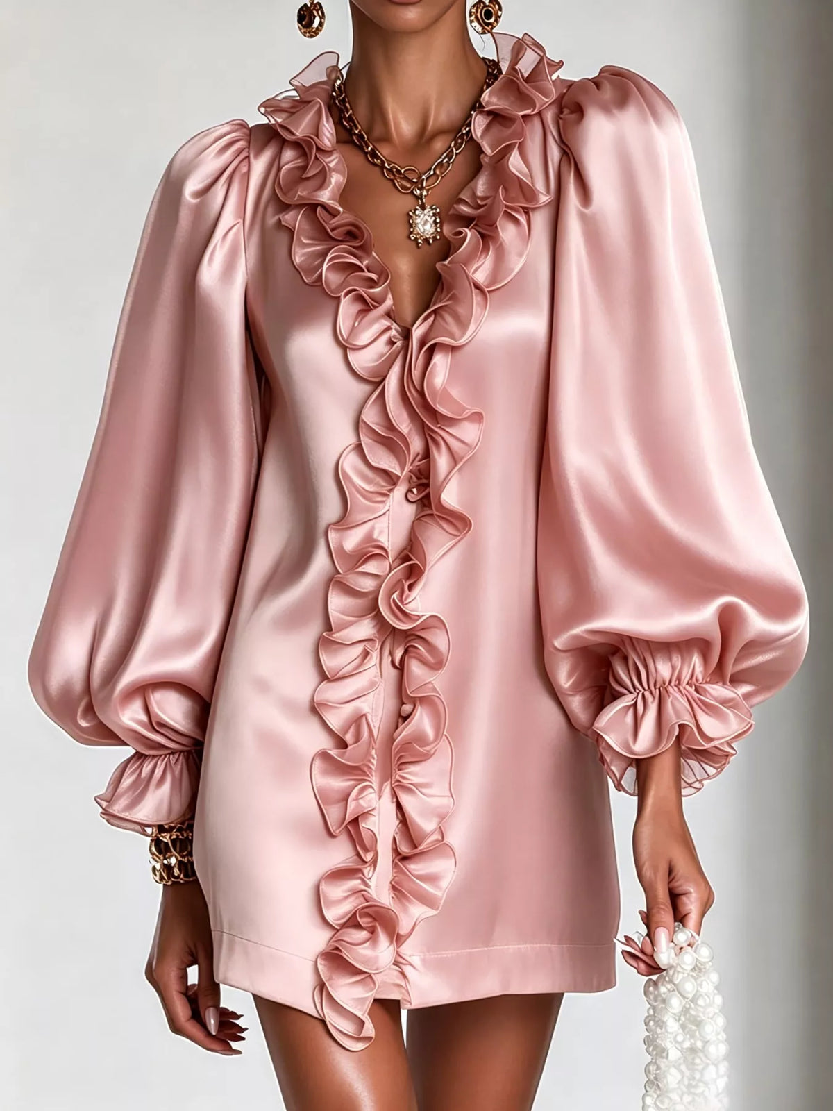 Ruffle Trim Puff Sleeve Mini Dress in pink, front view