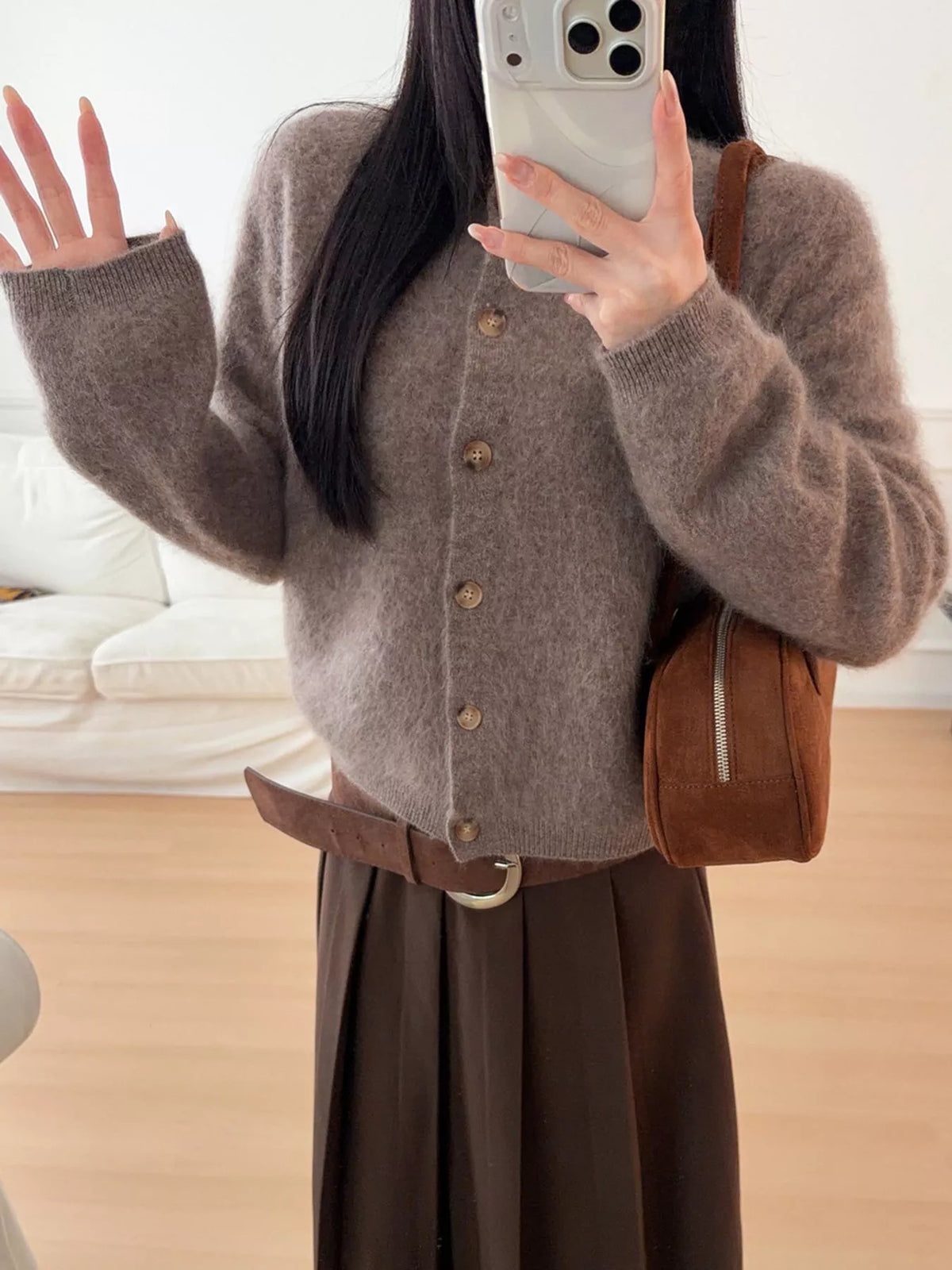 Coffee fuzzy button up cropped cardigan