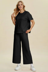 Trendsi Double Take Full Size Texture Round Neck Short Sleeve Top and Pants Set -