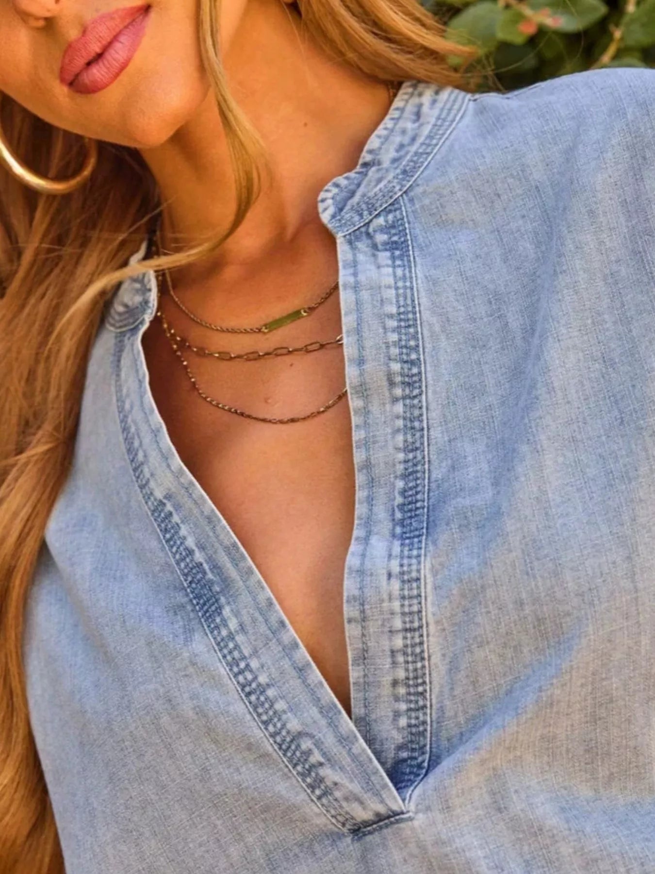 Trendsi Notched Dropped Shoulder Denim Top -