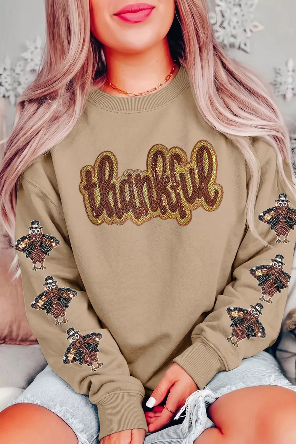 Women's Turkey Season Thankful Sequin Sweatshirt in Khaki, alternate view