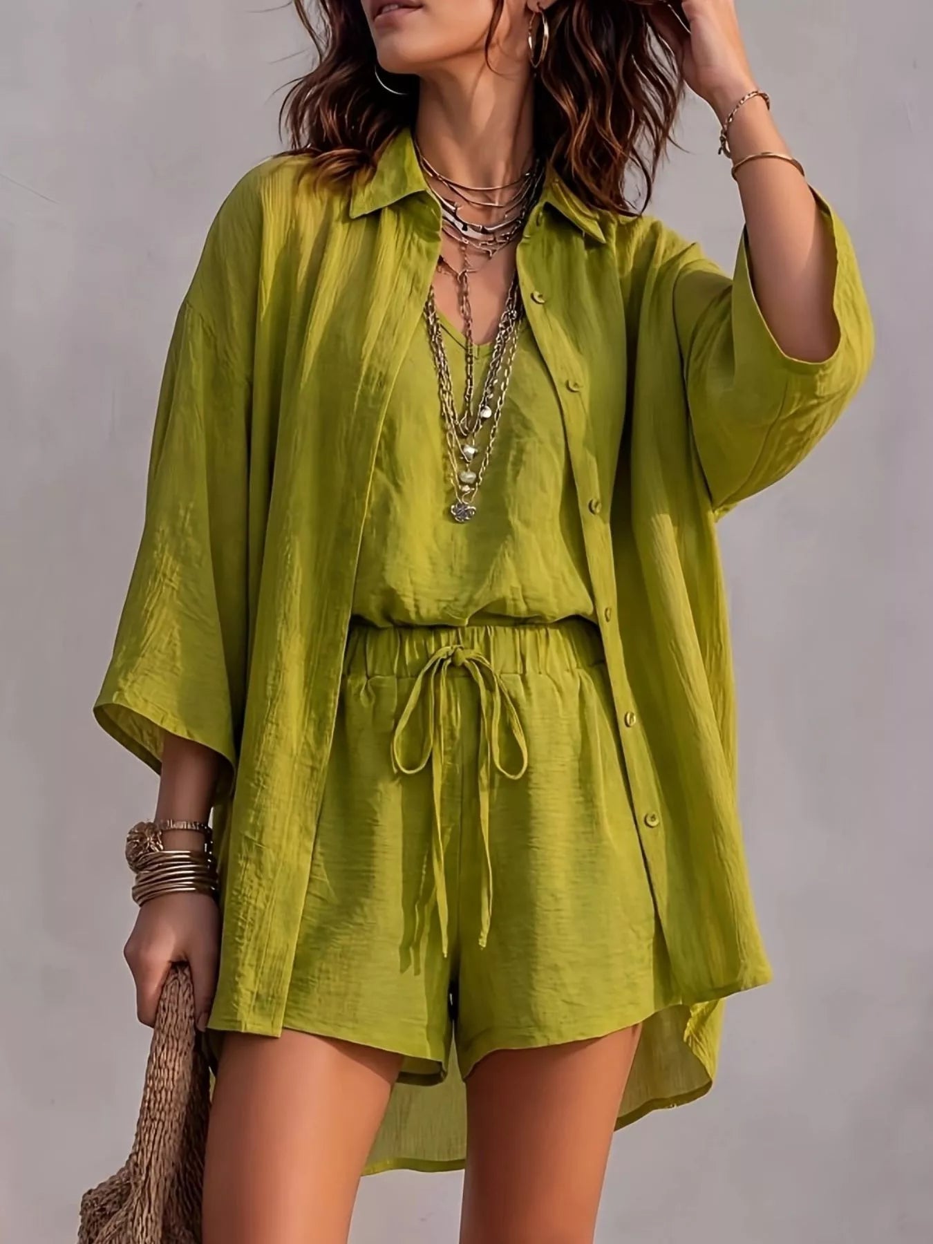 Trendsi V-Neck Tank & Button-Down Shirt and Shorts Set -