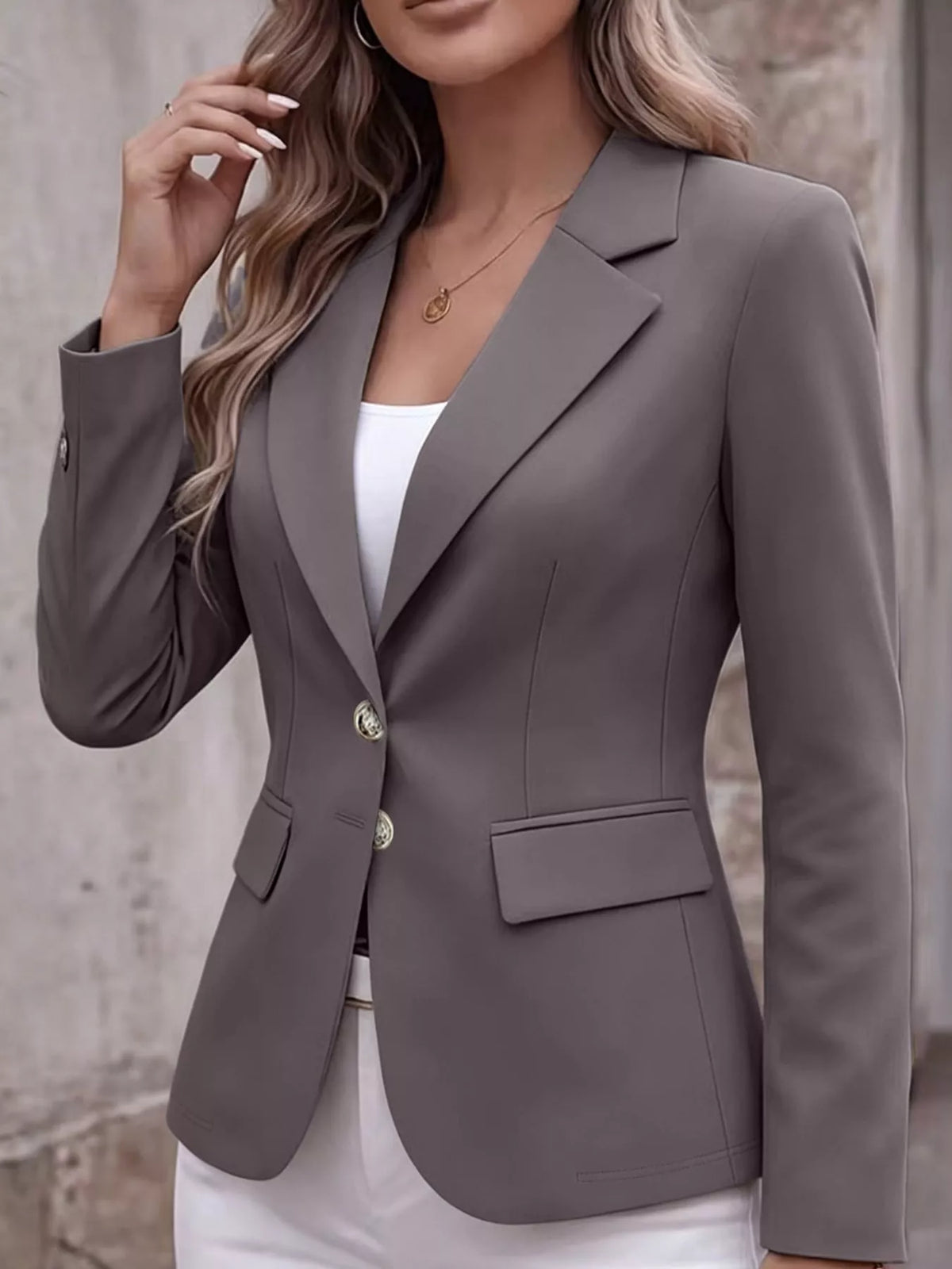 Collared long sleeve blazer, front view on model