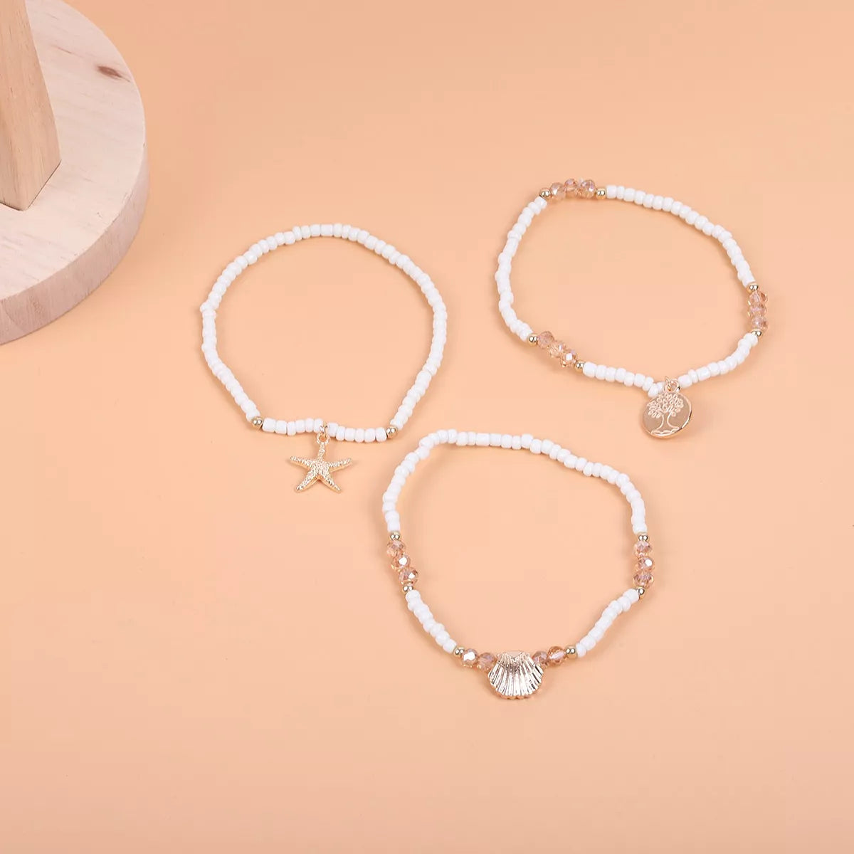 Gold-tone and pearl three-piece beaded anklet set