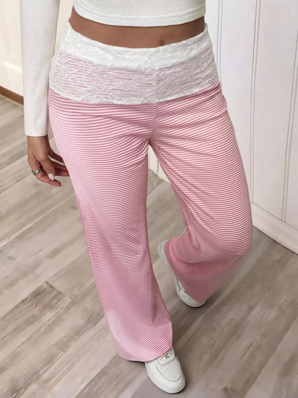 Lace Detail Striped Pants in pink, front view