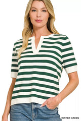 Trendsi Zenana Split Neck Stripe Short Sleeve Sweater -