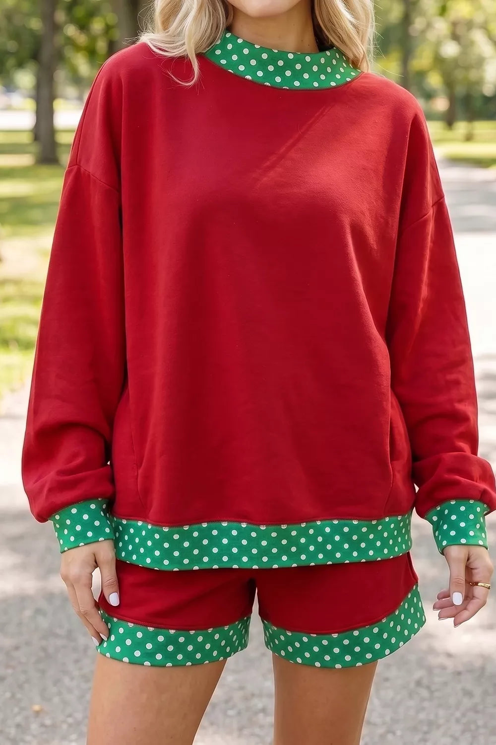 Trendsi Polka Dot Trim Sweatshirt and Shorts Set -