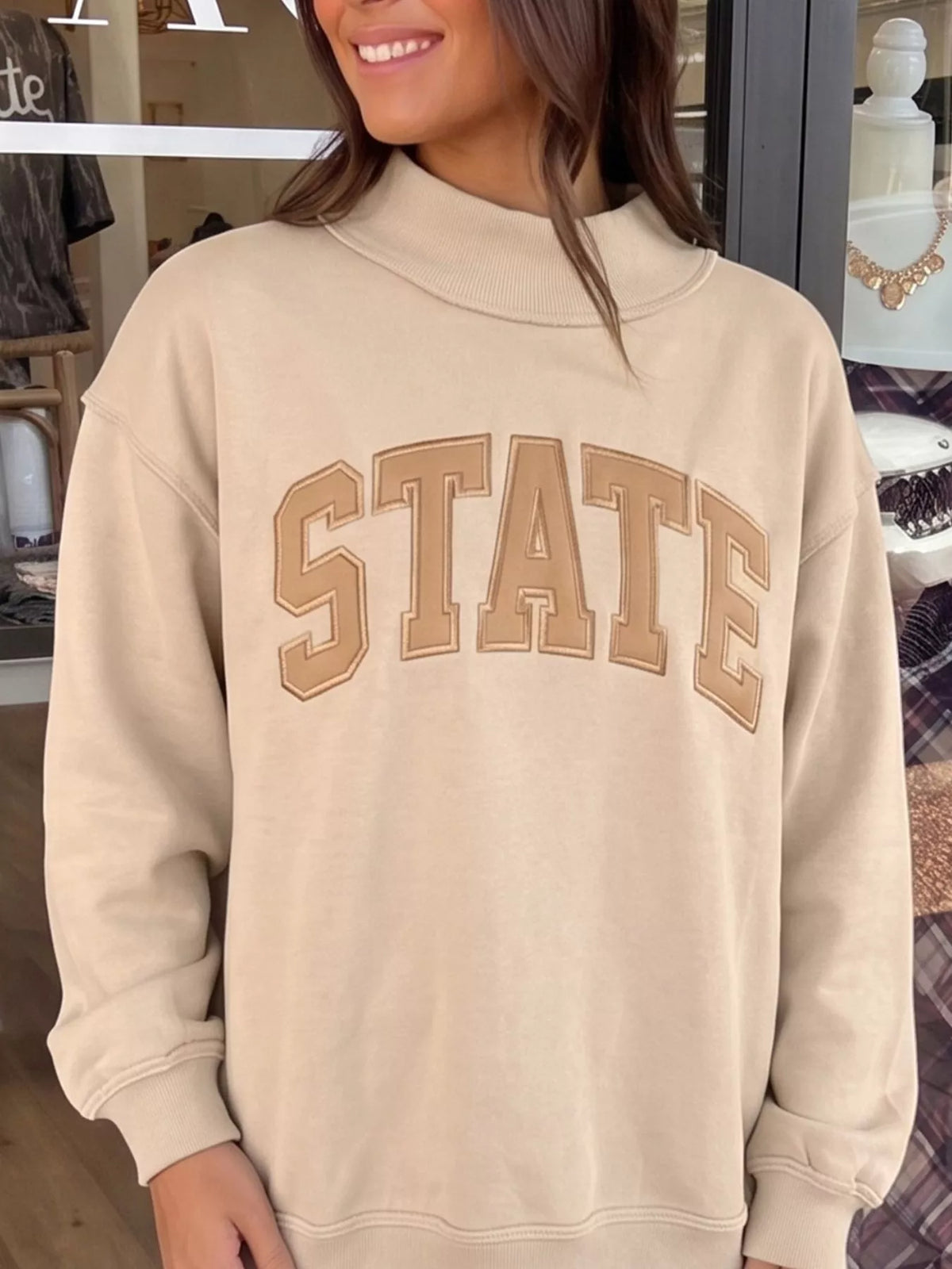 STATE Graphic Exposed Seam Mock Neck Sweatshirt — front view