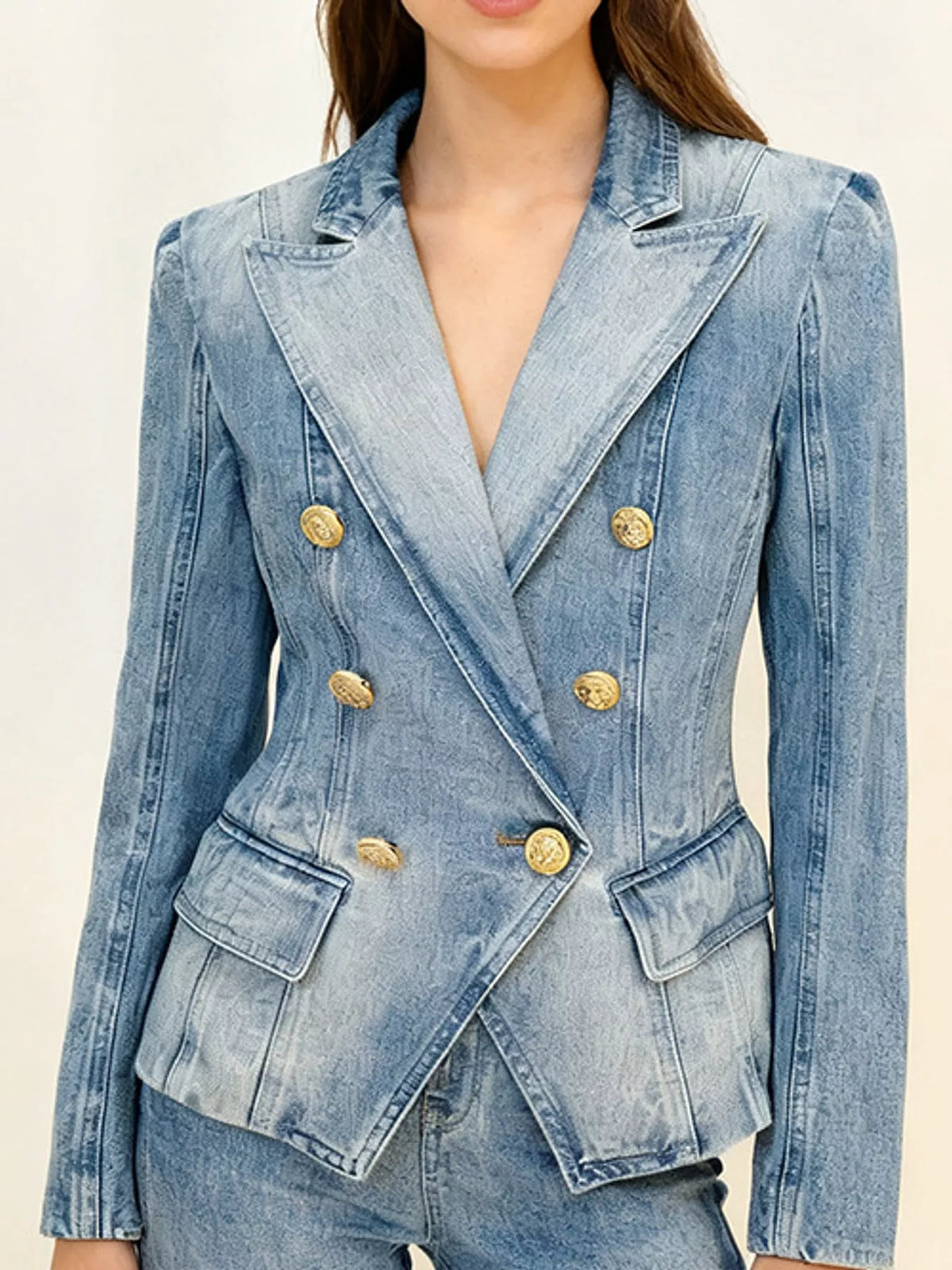 Double-Breasted Denim Jacket with Gold-Tone Buttons in light blue