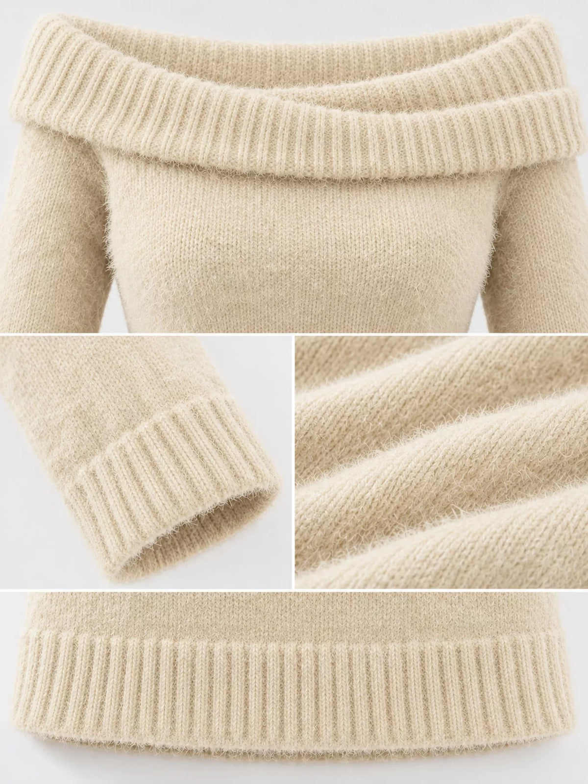 Off-shoulder long sleeve mini dress, construction and design details