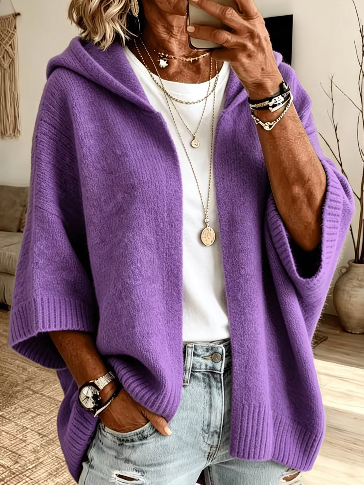 Hooded knit cardigan, purple front