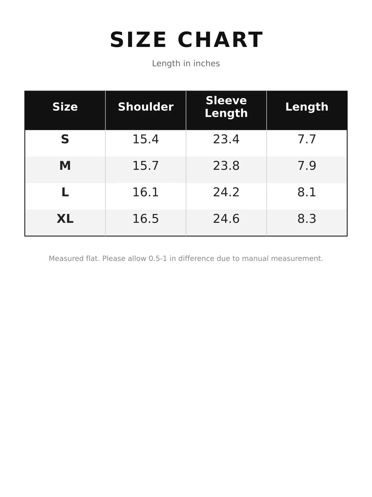 Size chart for ultra-cropped zip-front long sleeve shrug