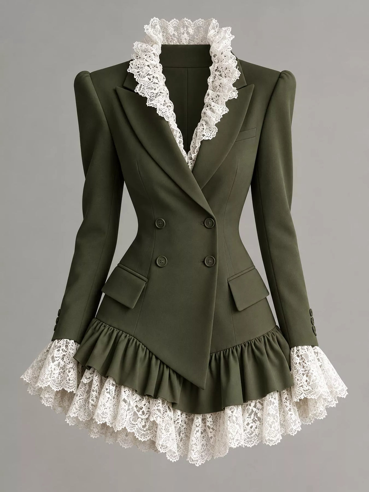 Army green lace trim blazer dress, front view