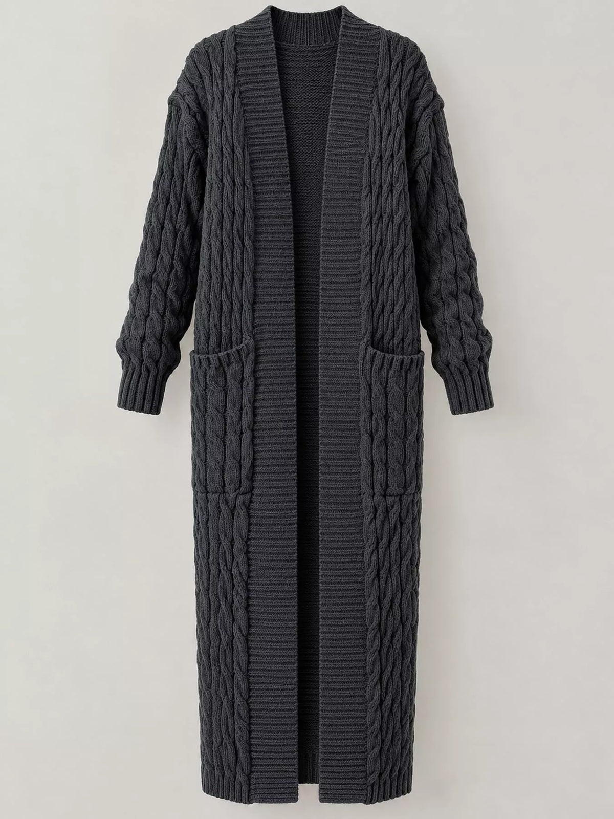 Dark Gray cable-knit longline open-front cardigan, back view