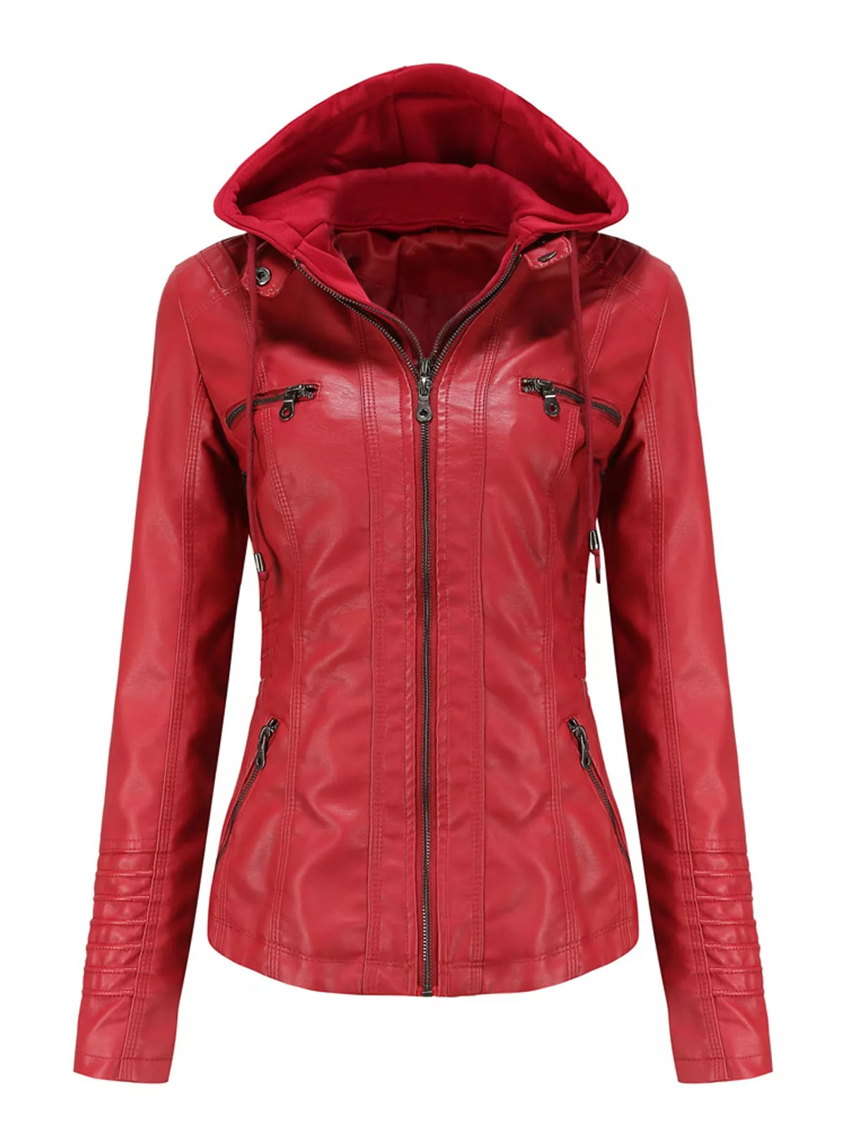 Hooded faux-leather jacket, red flat front