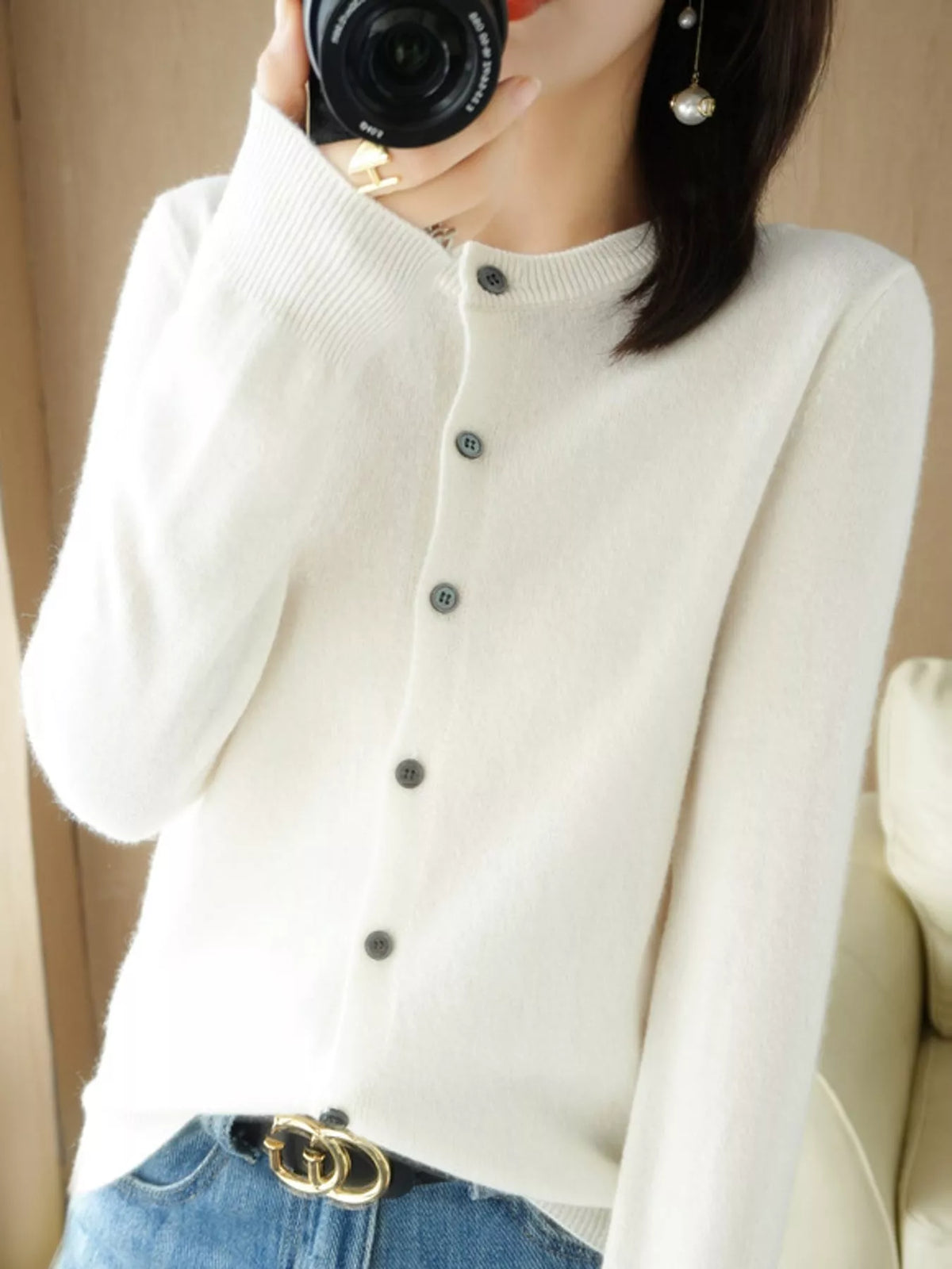 White crew neck button-front cardigan