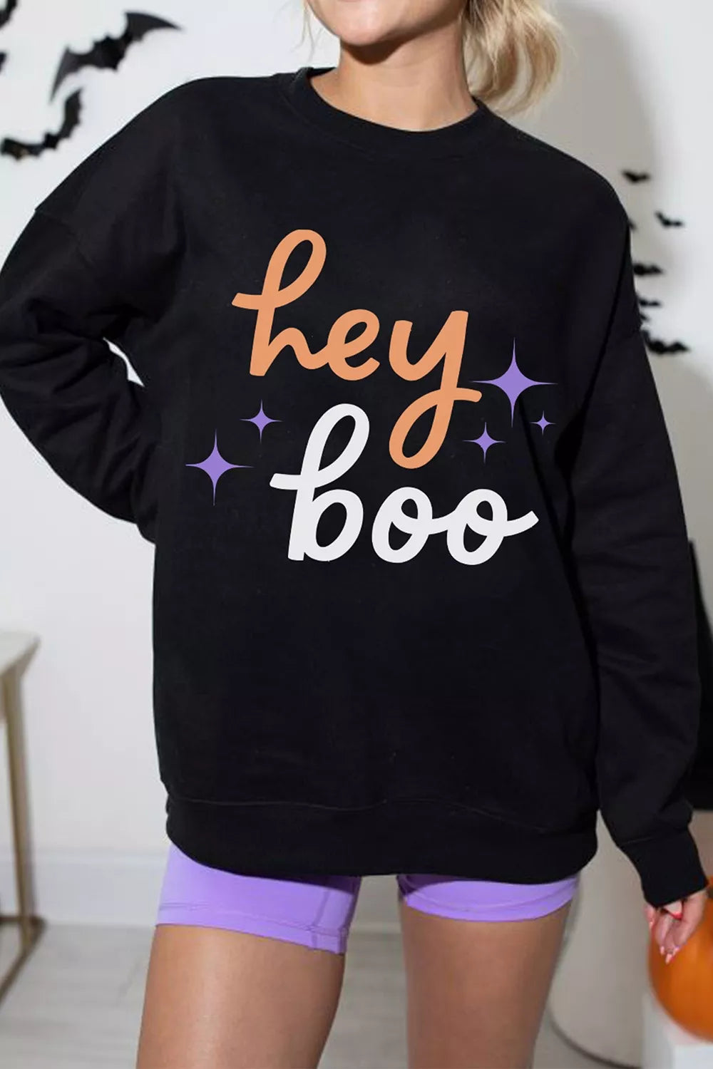 Hey Boo Halloween Sweatshirt in black, front view