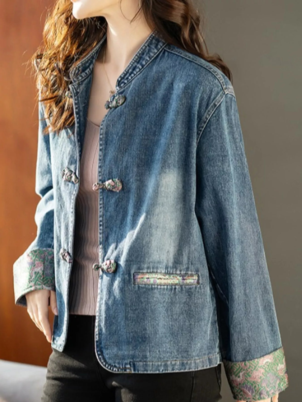 Blue knot button floral cuff denim jacket